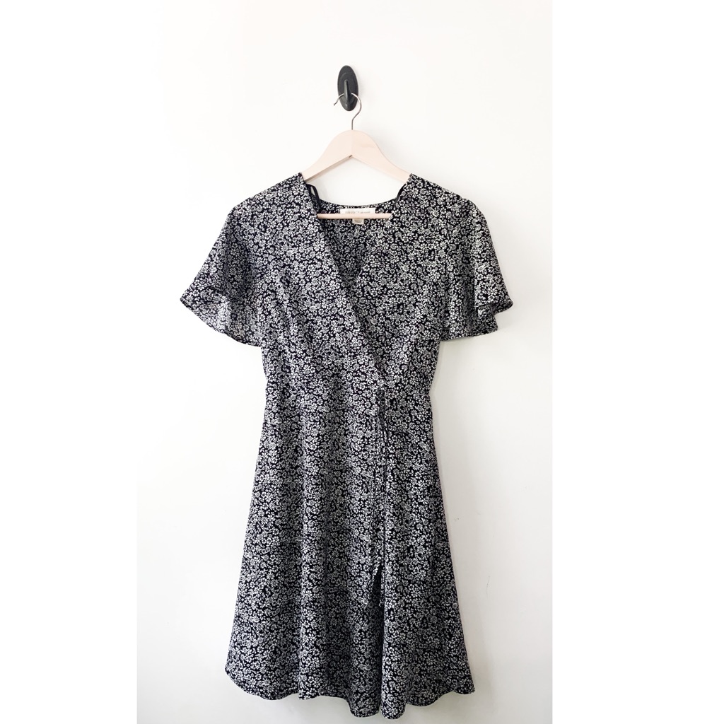 Black And White Floral Faux Wrap Dress